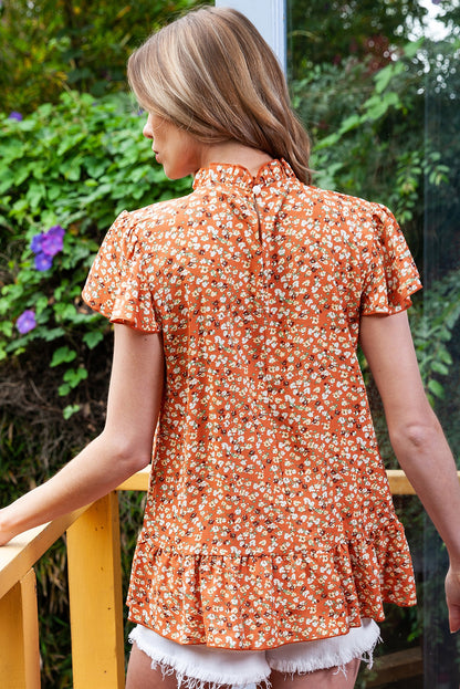 Black Boho Ruffle Neck Flounce Sleeve Floral Blouse