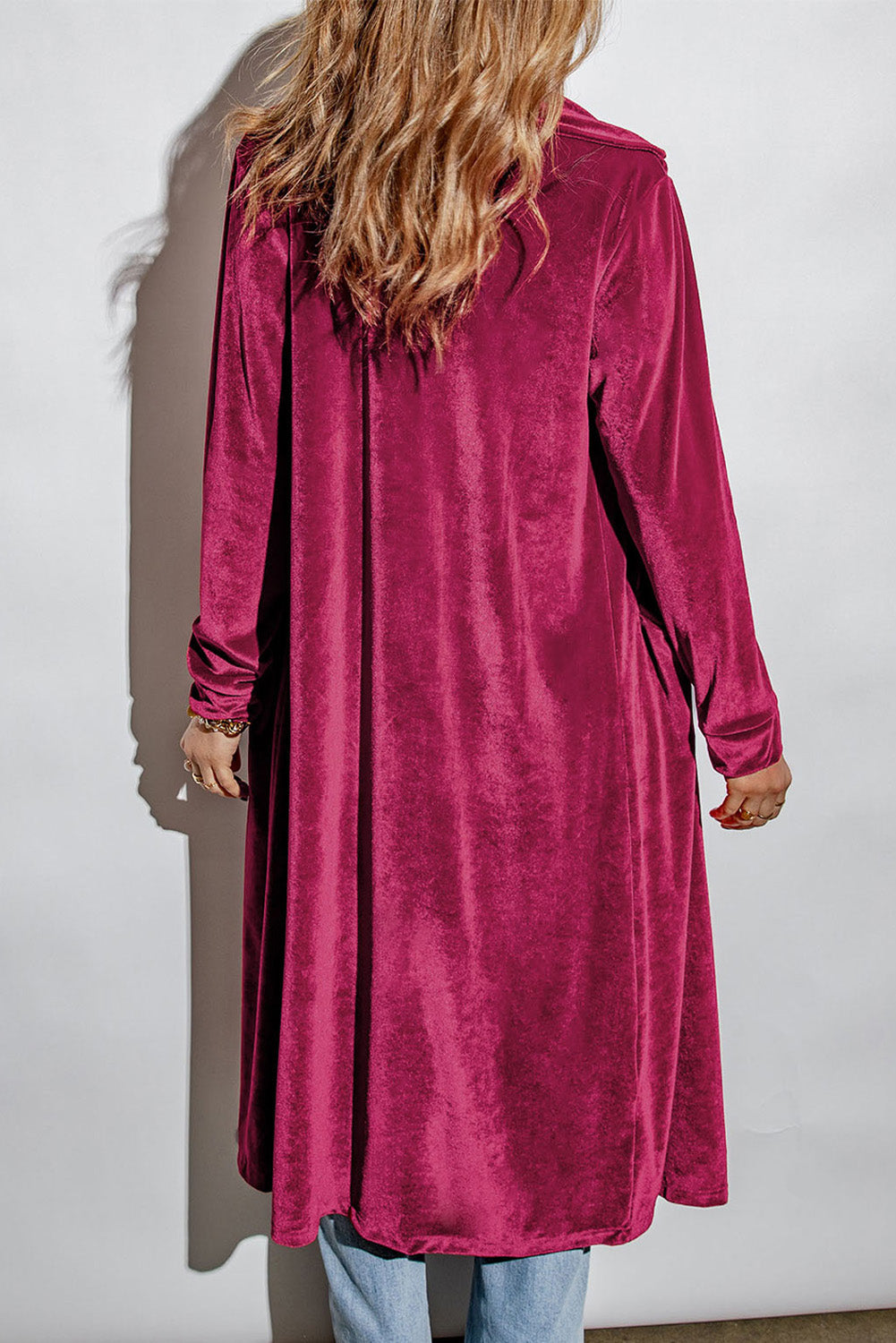 Red Casual Velvet Lapel Pocket Long Coat