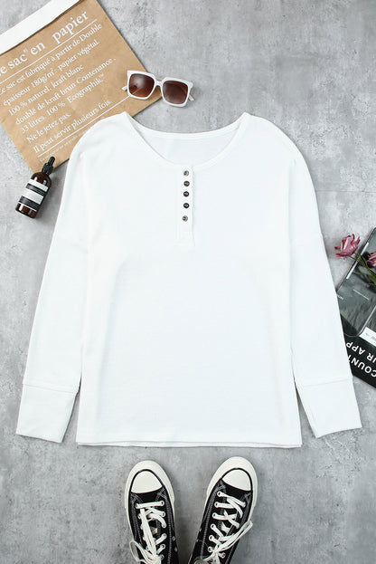 White Casual Waffle Button Front Knit Henley Top