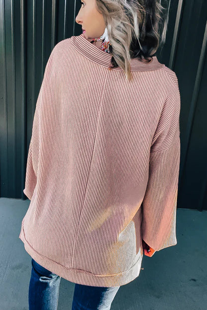 Pink V Neck Drop Shoulder Lantern Sleeve Ribbed Top