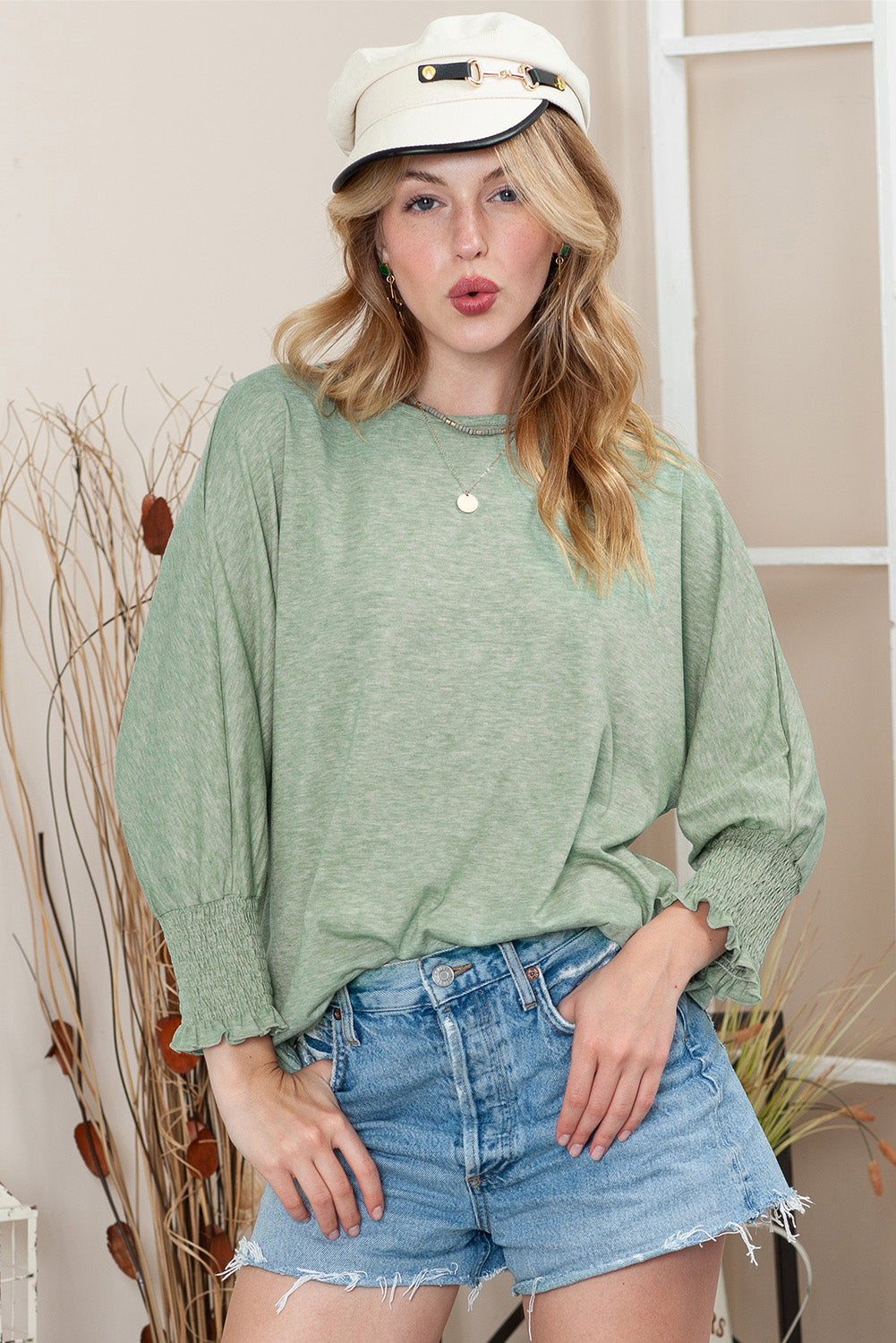 Green Plain Smocked Sleeve Casual Loose T Shirt