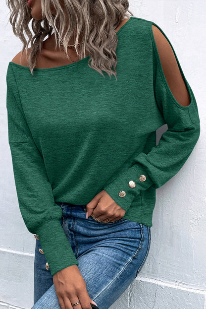 Green Boat Neck Asymmetric Cutout Long Sleeve Top