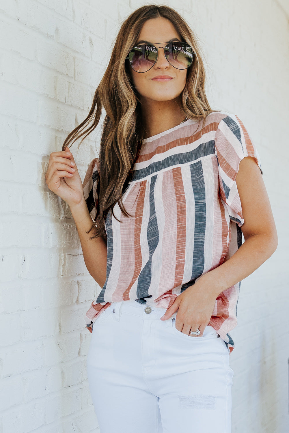 Pink and Blue Stripes Shirt Flutter Sleeve V Neck Blouse