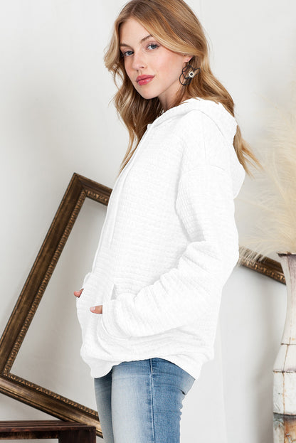 White Lattice Textured Kangaroo Pocket Hoodie