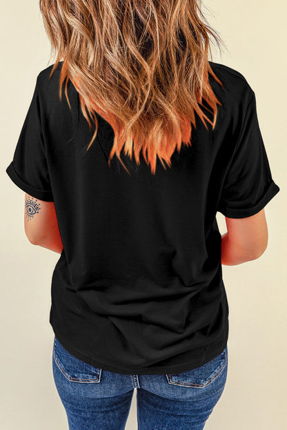 Black Spooky Rhinestone Crew Neck Graphic Tee