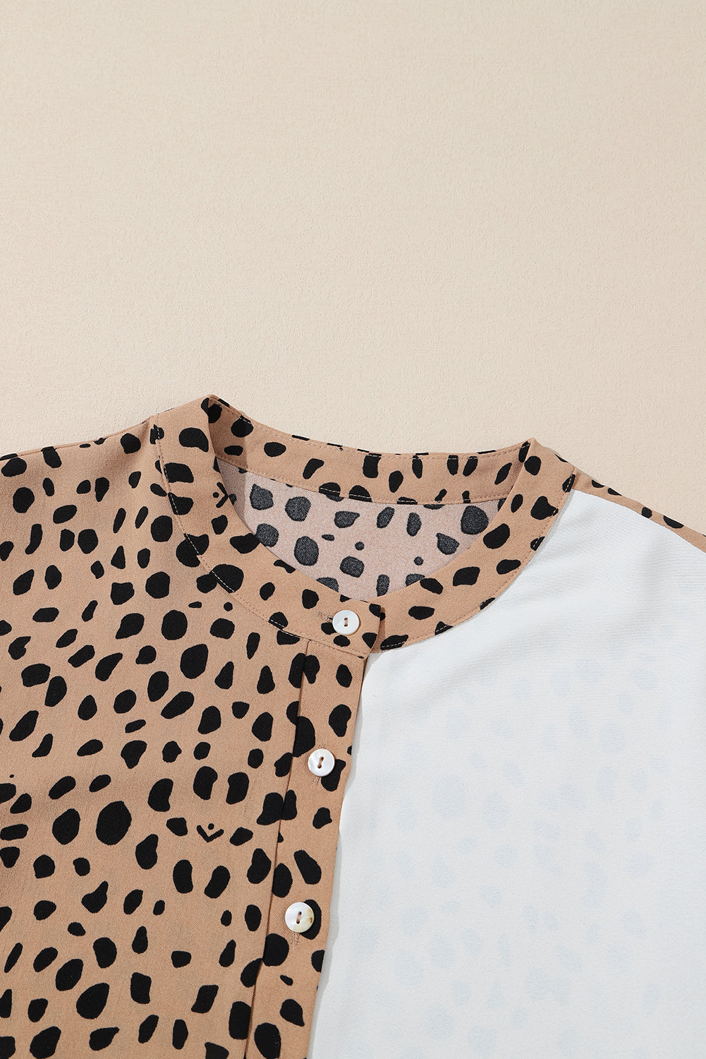 Khaki Leopard and White Patchwork Henley Blouse