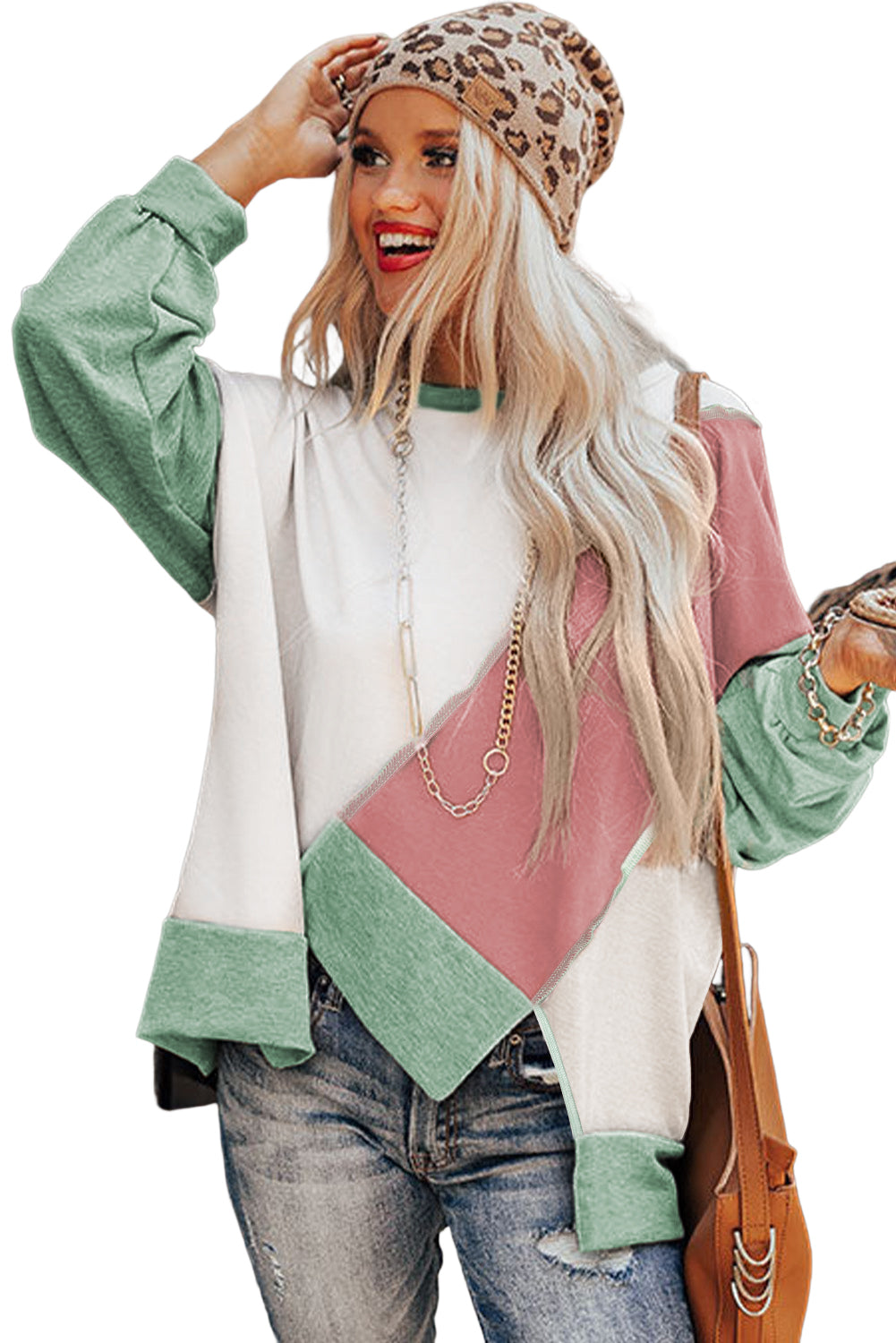 Khaki Colorblock Stitching Irregular Hem Long Sleeve Top