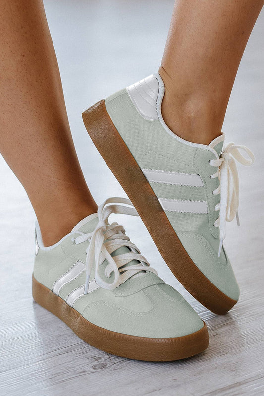 White Striped Lace Up Flat Sneakers