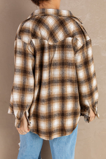 Brown Button Up Collared Plaid Shacket