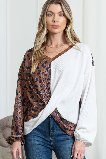 Brown Leopard Patchwork Waffle Knit Top