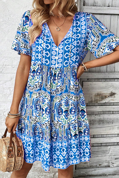 Sky Blue Bohemian Tie Neck Flounce Sleeve Ruffle Hem Mini Dress