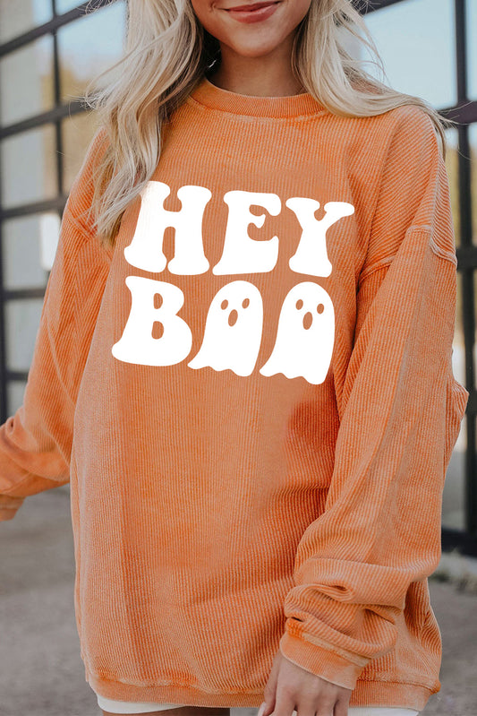 Orange Halloween Hey Boo Ghost Print Ribbed Loose Sweatshirt