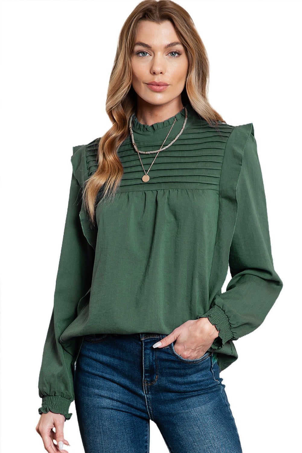 Green Ruffled Solid Color Pleated Long Sleeve Blouse