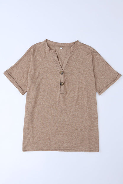 Khaki Button V Neck Short Sleeve Casual T Shirt