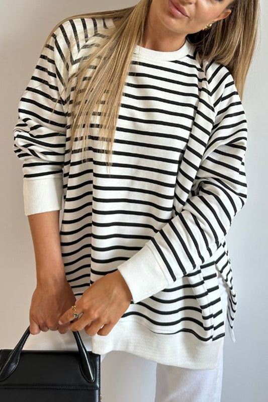 Black Stripe Raglan Sleeve Loose Split Sweatshirt