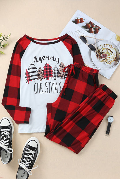 Red Plaid Merry Christmas Casual Top Pants Loungewear Set