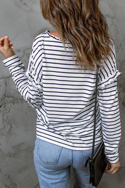 Red Striped Snap Button Frill Neck Long Sleeve Henley Shirt