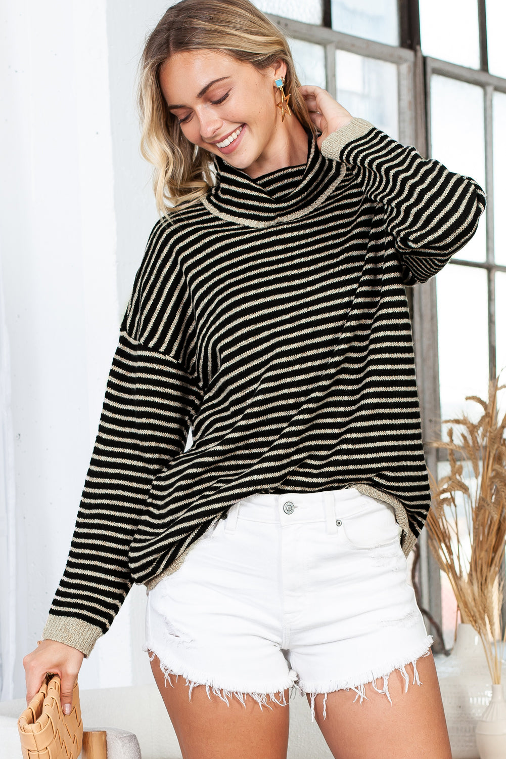 Gray Striped Turtleneck Oversized Sweater