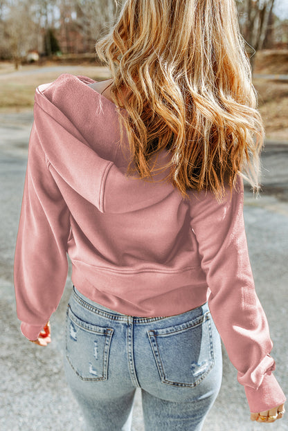 Pink Thumbhole Raglan Sleeve Half Zip Pullover Hoodie