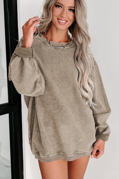 Pink Solid Ribbed Round Neck Pullover Sweatshirt