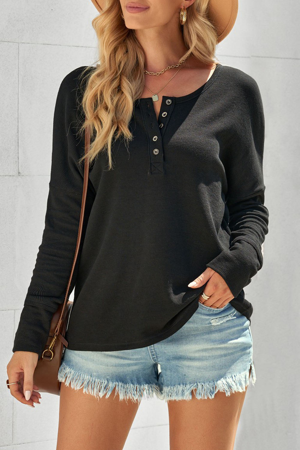 White Casual Waffle Button Front Knit Henley Top