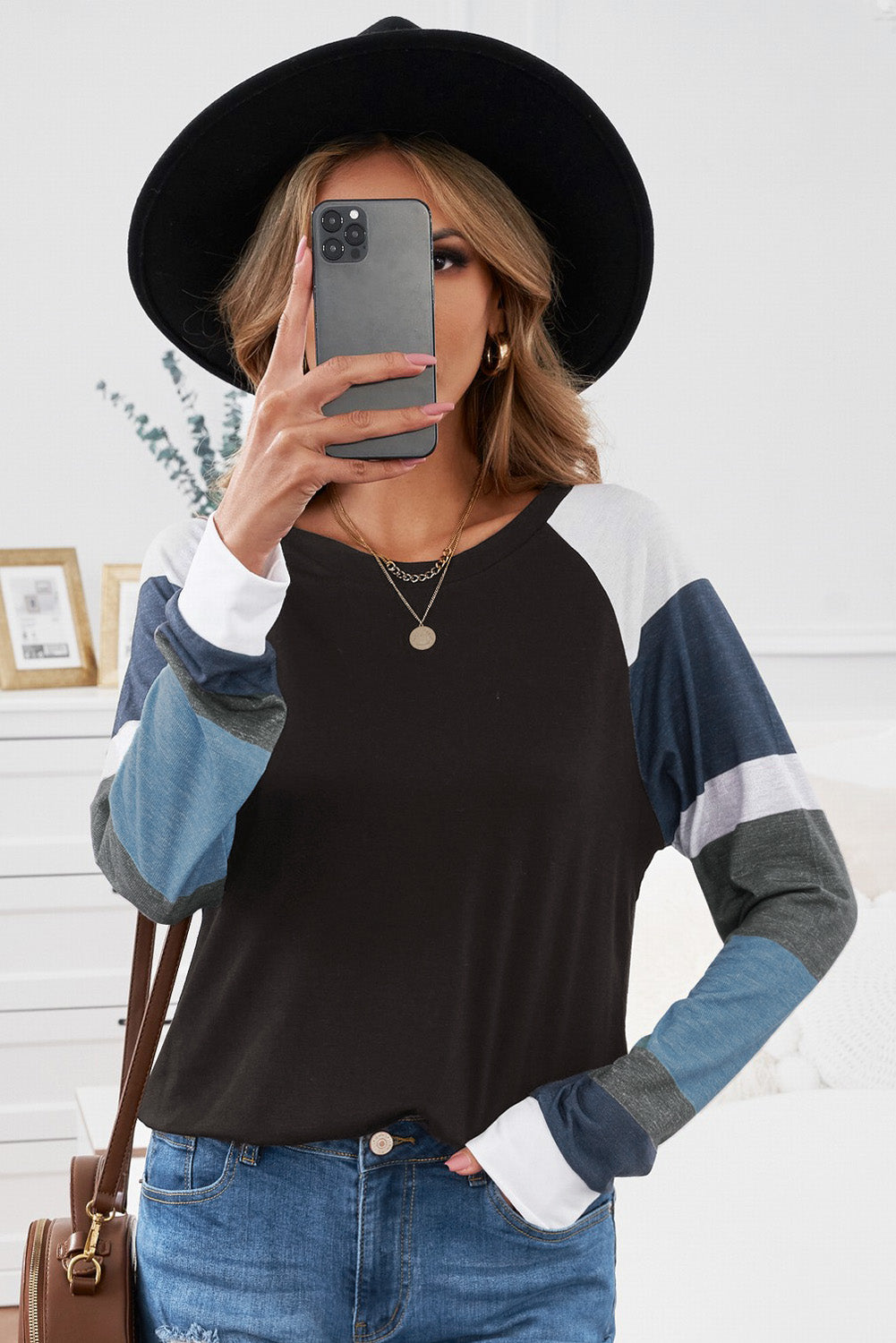 Black Color Block Long Sleeves Pullover Top