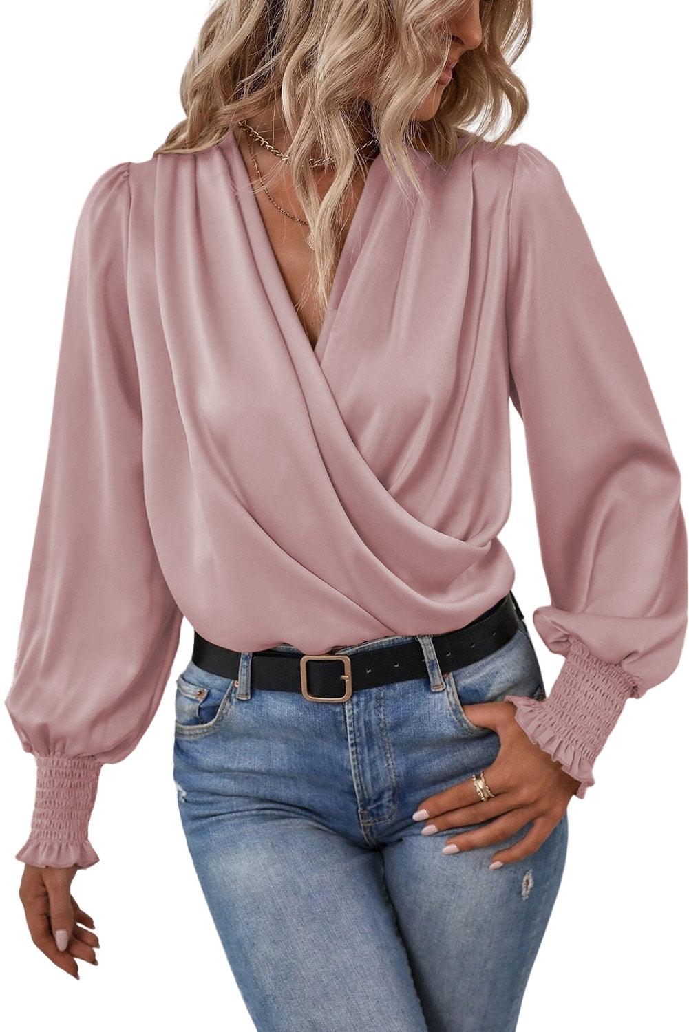 Black Basic Drape V Neck Long Sleeve Women Blouse