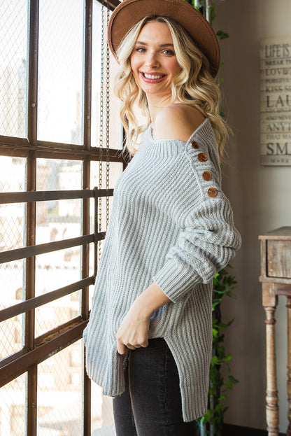 Grey Buttoned Drop Shoulder Oversized Sweater