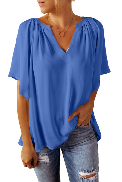 Green Casual Split Neck Pleated Loose Blouse