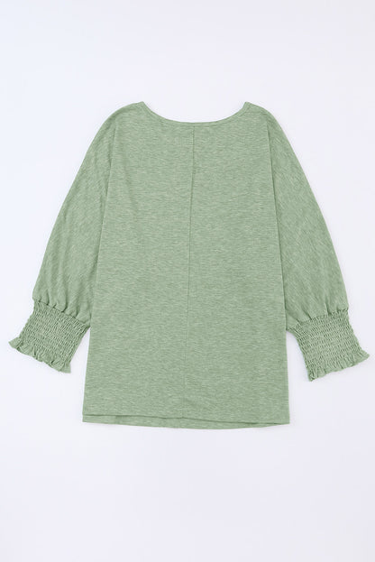 Green Plain Smocked Sleeve Casual Loose T Shirt