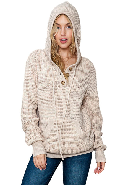 Apricot Buttons Pocket Cable Knit Hooded Sweater