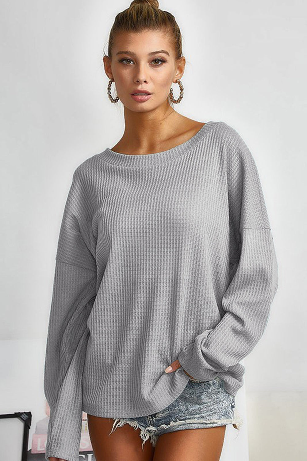 Grey Waffle Knit Backless Drop Shoulder Top