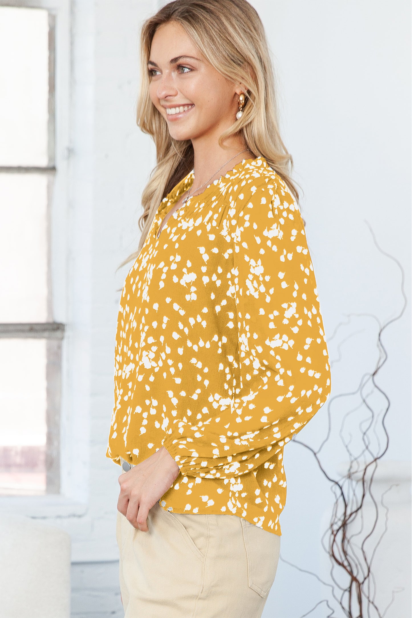 Yellow Frill Split V Neck Boho Crinkled Blouse