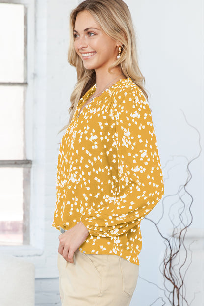 Yellow Frill Split V Neck Boho Crinkled Blouse