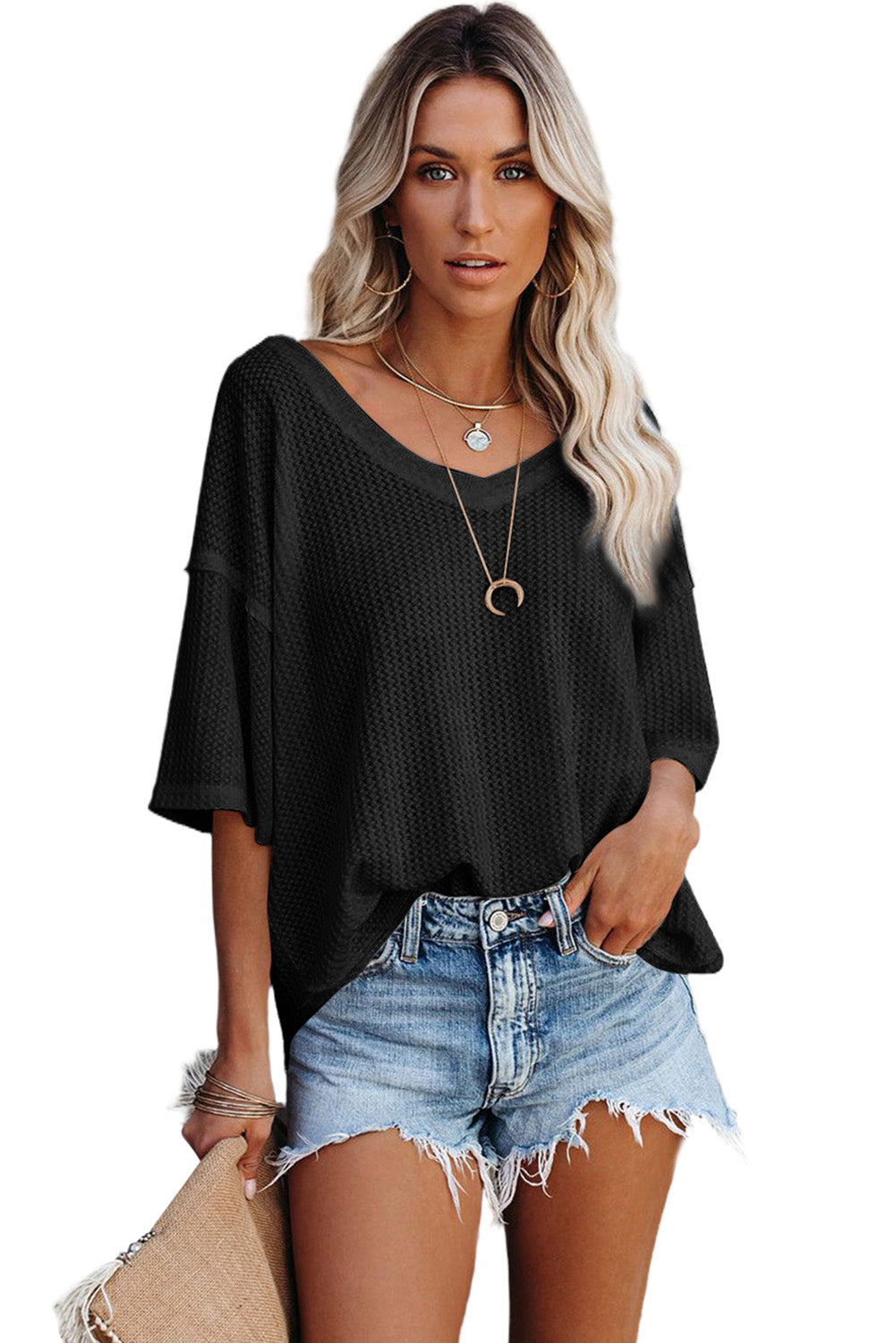 Black Waffle Knit Casual Drop Shoulder Loose Top