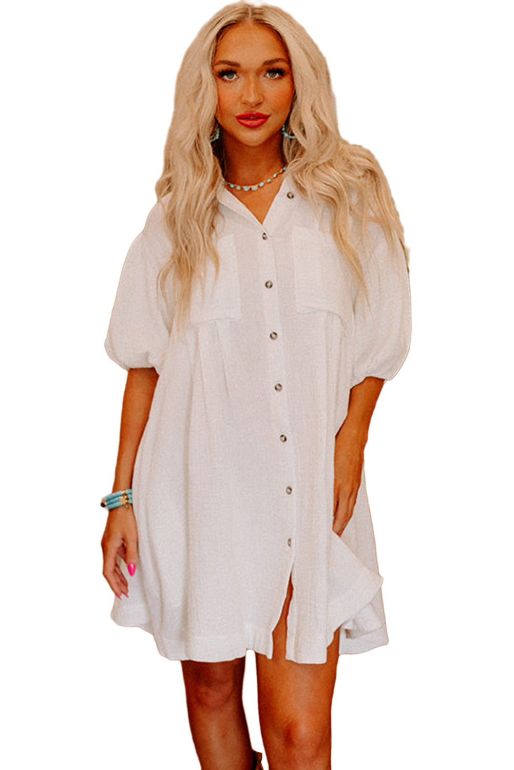 White Half Puff Sleeve Buttoned Shirt Mini Dress