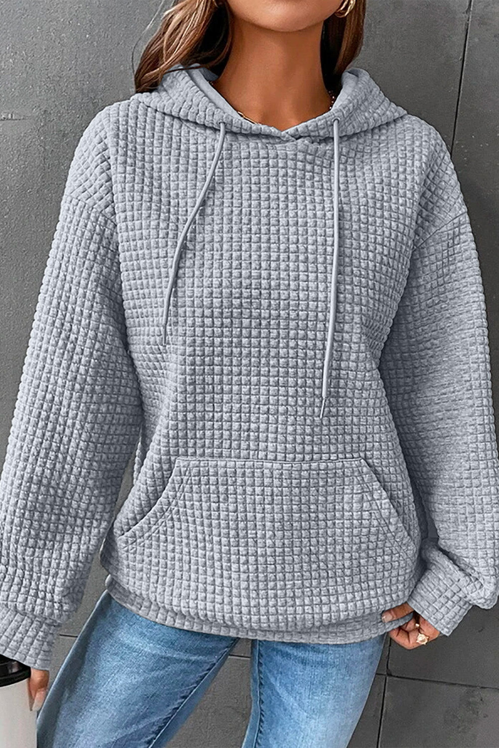 White Lattice Textured Kangaroo Pocket Hoodie