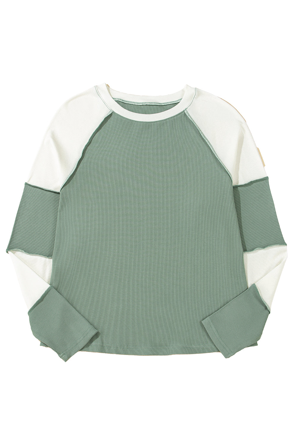 Mint Green Ribbed Colorblock Patchwork Raglan Long Sleeve Top