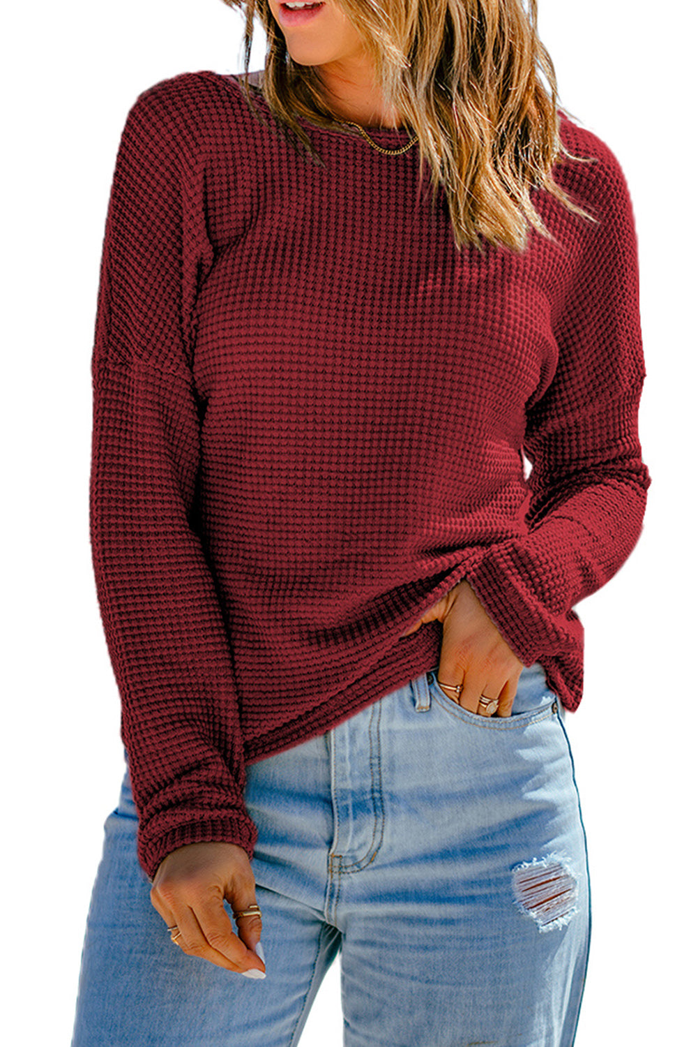 Khaki Waffle Knit Casual Drop Shoulder Long Sleeve Top