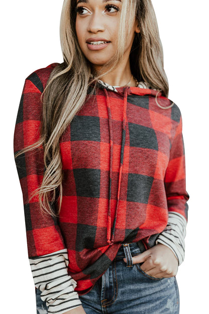 Red Plaid & Striped Patchwork Drawstring Hoodie