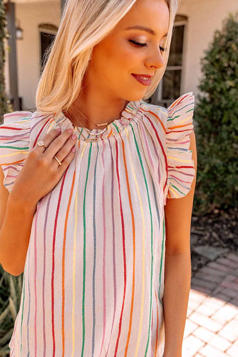 Striped Flutter Sleeve Frilled Neck Casual Sleeveless Shirt