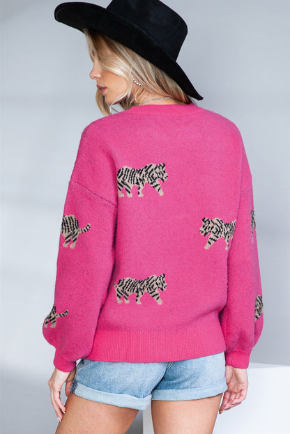 Rose Red Leopard Pattern Drop Shoulder Knit Sweater