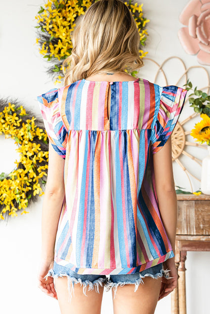 Multicolor Striped Back Button Keyhole Layered Sleeve Blouse