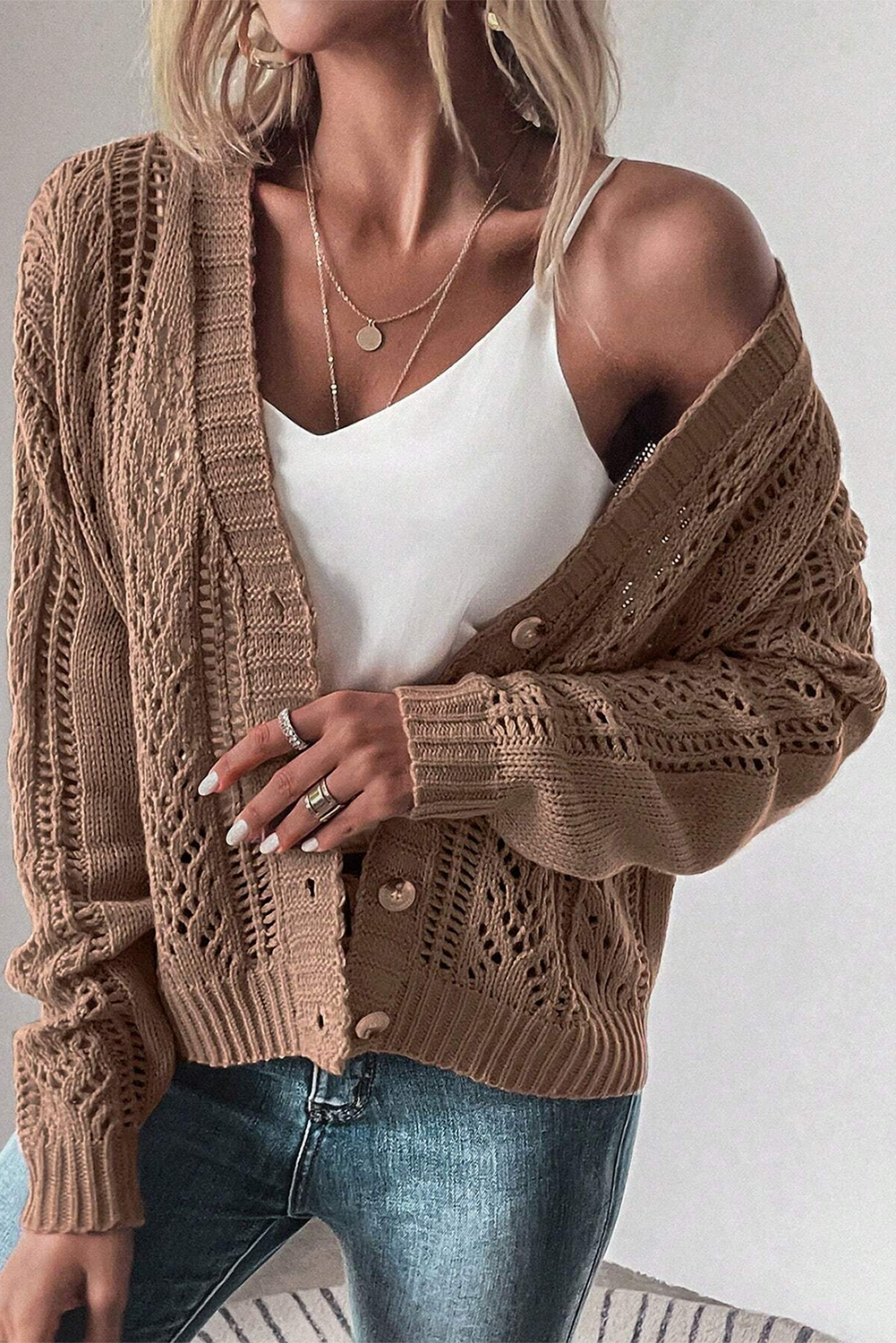 Green Hollow Knit Drop Shoulder Cardigan