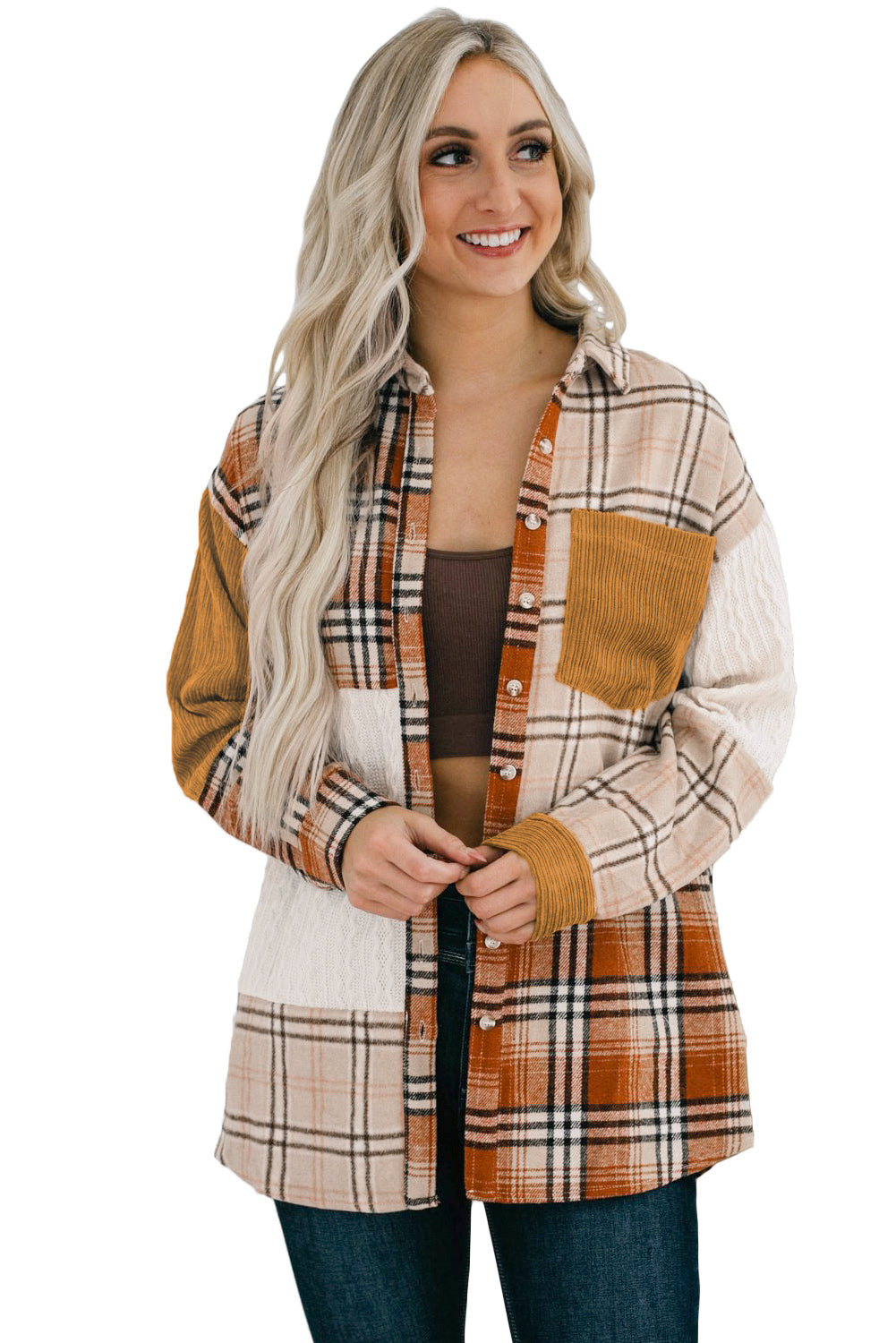 Orange Plaid Color Block Patchwork Pocket Shirt Shacket