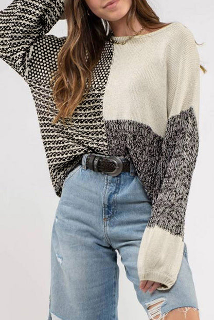 Black Patchwork Tie Back Drop Shoulder Knit Sweater