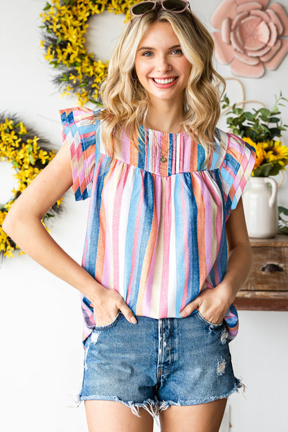 Multicolor Striped Back Button Keyhole Layered Sleeve Blouse