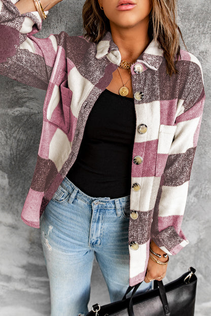 Plaid Color Block Buttoned Pocket Long Sleeve Shacket