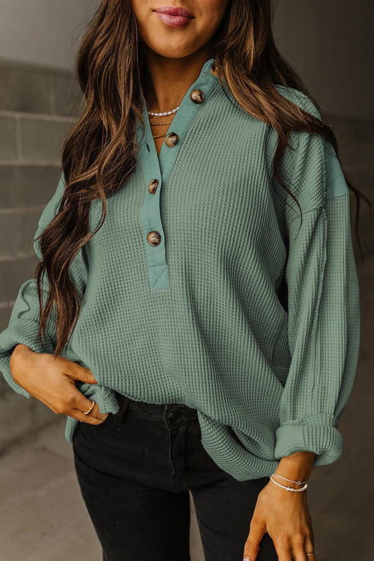 Smoke Green Waffle Patchwork Drop Sleeve Henley Top