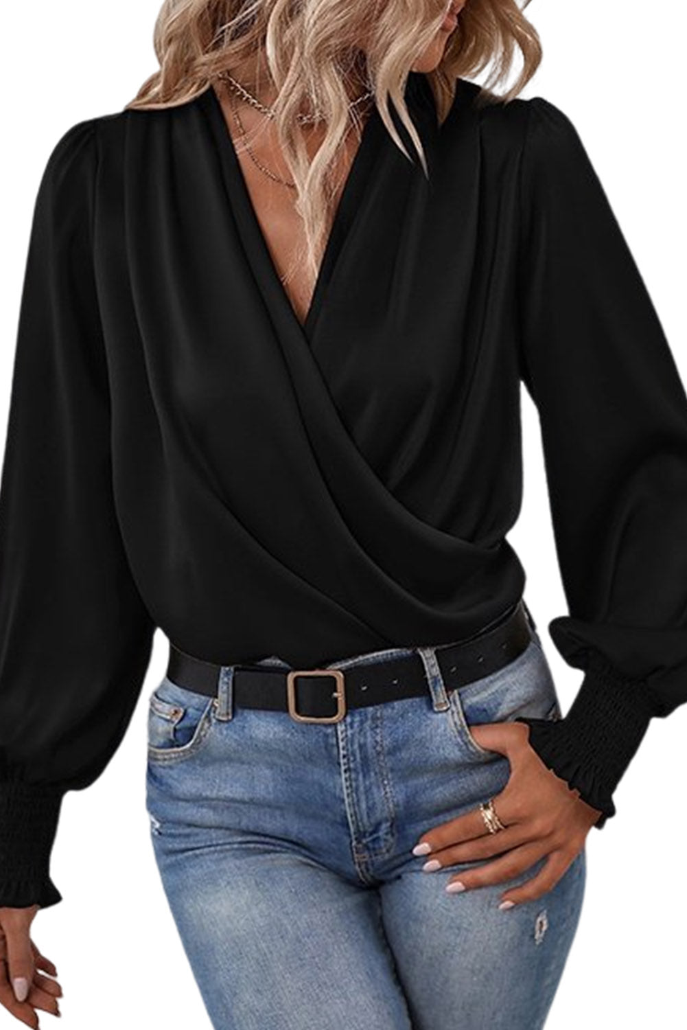 Black Basic Drape V Neck Long Sleeve Women Blouse